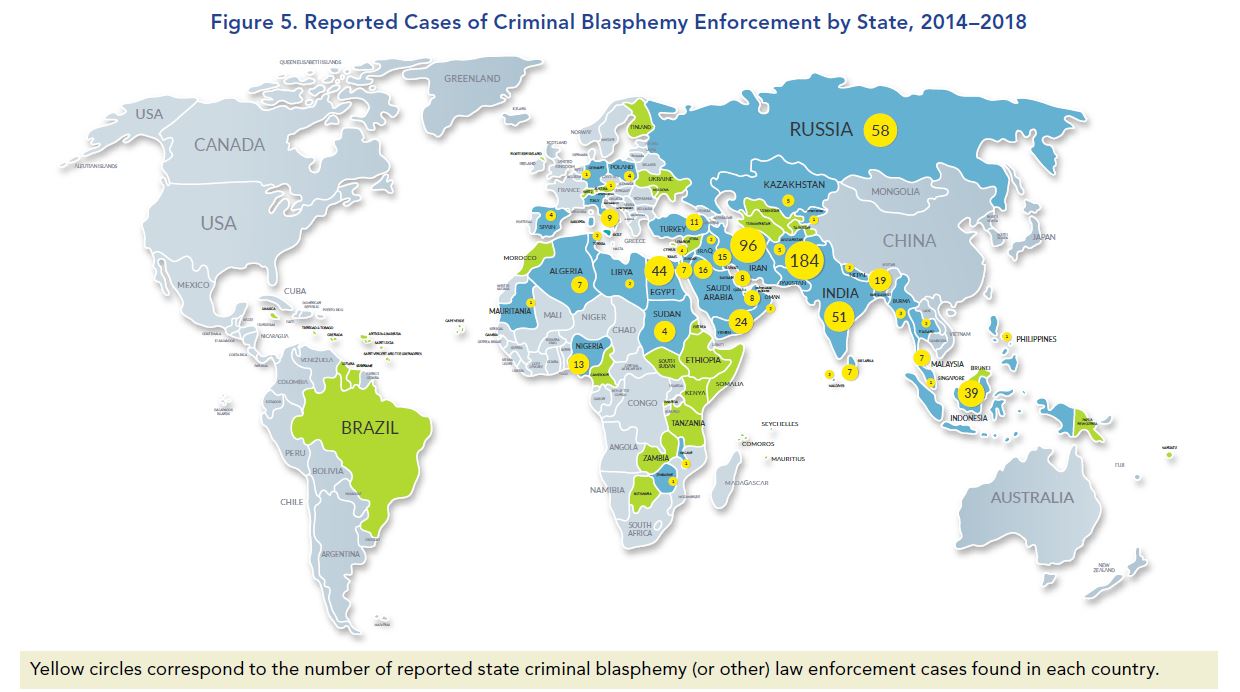 [Figure 5. Reported Cases of Criminal Blasphemy Enforcement by State, 2014–2018, page 19]